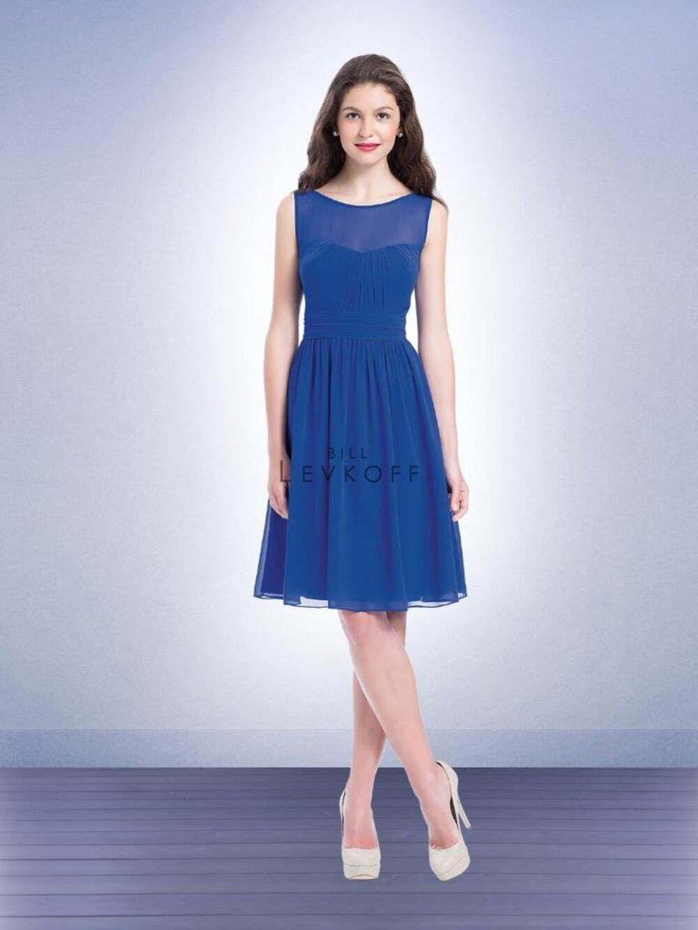 Bill Levkoff 1154 Bridesmaid Dress Horizon Blue Sleeveless Chiffon Short 10